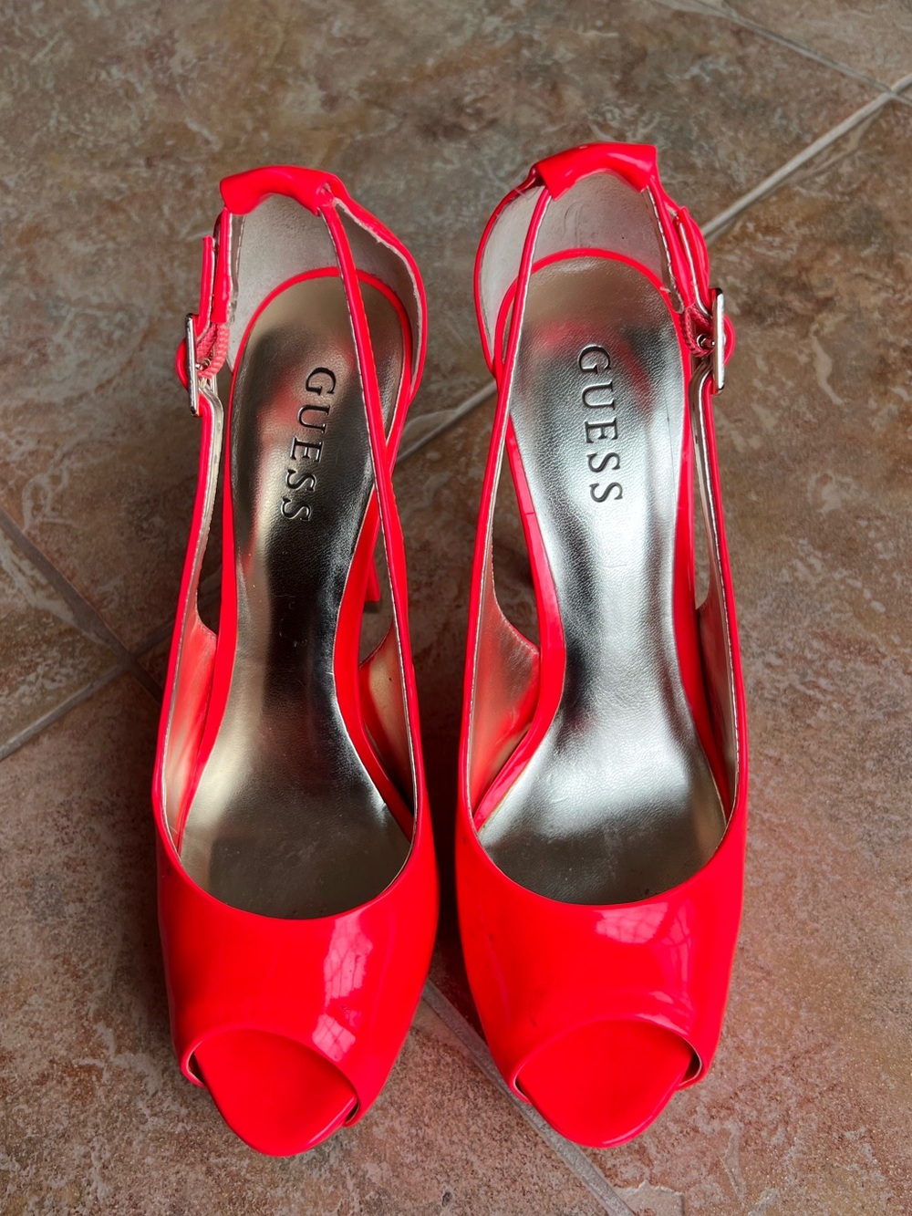 GUESS Neon Patent Peep-Toe Slingback Heels